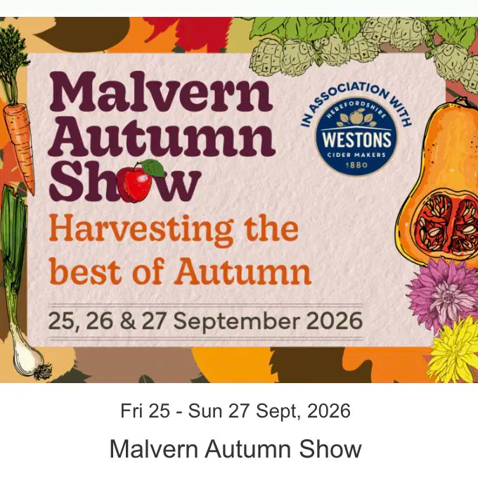Promotional graphic for the Malvern Autumn Show 2026, featuring autumn-themed illustrations of produce and flowers around the text 'Malvern Autumn Show' and 'Harvesting the best of Autumn' with dates '25, 26 & 27 September 2026'. A Westons Cider makers logo is visible on the right side.