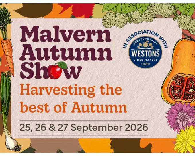 Promotional graphic for the Malvern Autumn Show 2026, featuring autumn-themed illustrations of produce and flowers around the text 'Malvern Autumn Show' and 'Harvesting the best of Autumn' with dates '25, 26 & 27 September 2026'. A Westons Cider makers logo is visible on the right side.