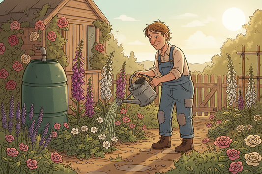Cartoon illustration of a gardener conserving water during a hosepipe ban