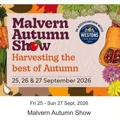 Promotional graphic for the Malvern Autumn Show 2026, featuring autumn-themed illustrations of produce and flowers around the text 'Malvern Autumn Show' and 'Harvesting the best of Autumn' with dates '25, 26 & 27 September 2026'. A Westons Cider makers logo is visible on the right side.